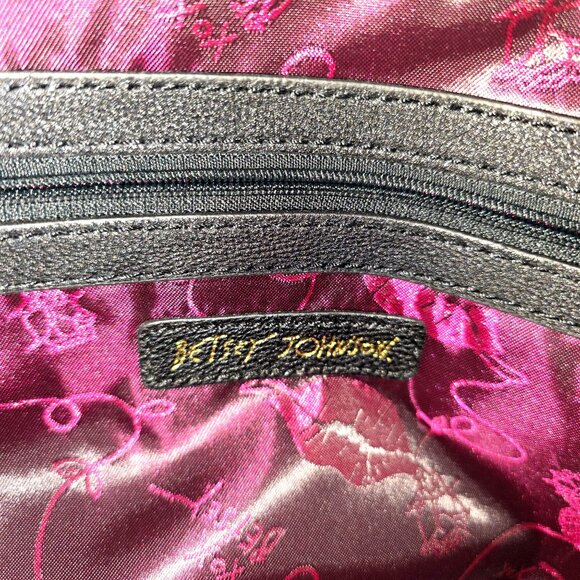 Betsey Johnson Striped Tote Bag With Red Handles And Tassel Charm Black & White - Picture 7 of 11